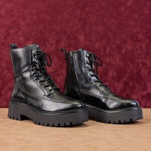 Sam Edelman Women Elliot Black Leather Zip Lace-up Combat Boots sz 8.5